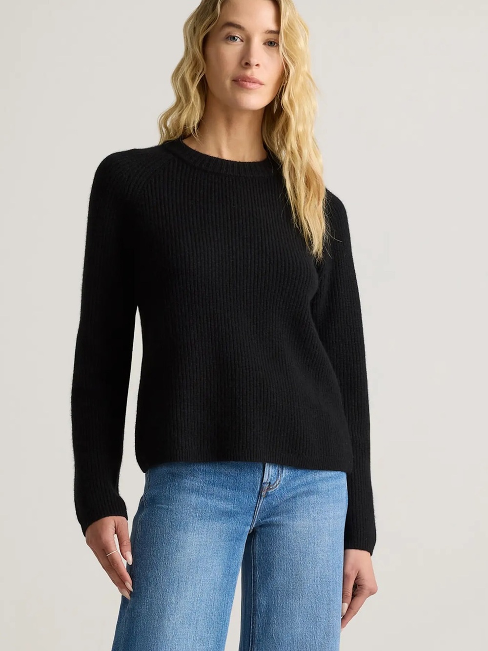 Quince Cashmere Black Crewneck Cropped Thick Ribbed Sweater